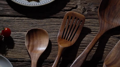 Rynx | 7pcs Premium Teak Wooden Cooking Spoons Set - Ergonomic Non-Stick Spatula with Soft Grip Handle - Perfect for Back to School, Kitchen Essentials, and Culinary Arts