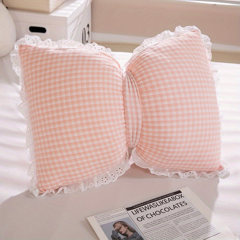 Rynx | Niedliches Schleifen-Karomuster-Wurfkissen - Minimalistischer Stil Dekokissen mit Spitzenborte, 100% Polyester, Maschinenwaschbar für Wohnzimmer, Schlafzimmer & Rücksitz des Autos - Pink, Blau, Grün, Gelb, Gemütliche Wohnakzente | Polye