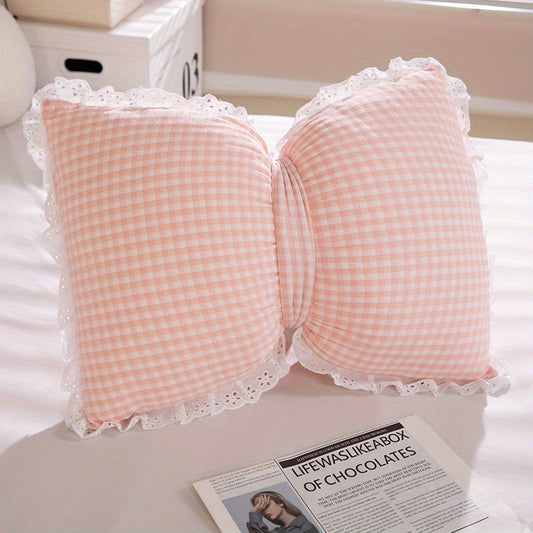 Rynx | Niedliches Schleifen-Karomuster-Wurfkissen - Minimalistischer Stil Dekokissen mit Spitzenborte, 100% Polyester, Maschinenwaschbar für Wohnzimmer, Schlafzimmer & Rücksitz des Autos - Pink, Blau, Grün, Gelb, Gemütliche Wohnakzente | Polye