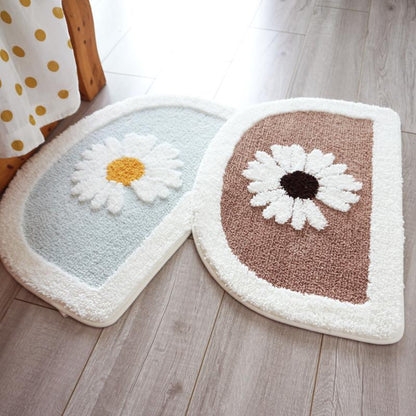 Rynx | Half-circle Daisy Bath Mat, White Flower Bath Rug, Natural Bathroom Decor, Soft Water-absorbing Mat for Bath Shower, Blue Brown