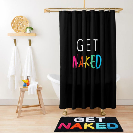 Rynx | Colorful Get Naked Black Bottom Shower Curtain with Hooks, Multiple Sizes Blue Bathroom Curtains with Rings, Unique Bathroom Decoration, Quote Shower Curtain, Customized Shower Curtains, Extra Long Shower Curtain
