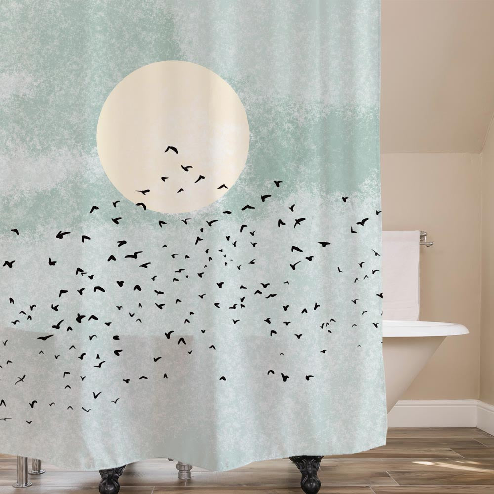 Rynx | Birds and Moon Shower Curtain with Hooks, Bathroom Curtains with Ring, Unique Bathroom Decoration, Boho Shower Curtain, Custom Designed Bathroom Curtains, Extra Long Shower Curtain