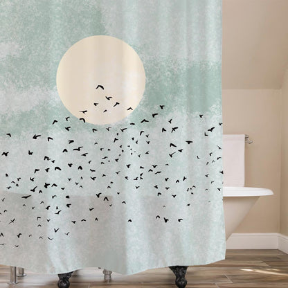 Rynx | Birds and Moon Shower Curtain with Hooks, Bathroom Curtains with Ring, Unique Bathroom Decoration, Boho Shower Curtain, Custom Designed Bathroom Curtains, Extra Long Shower Curtain