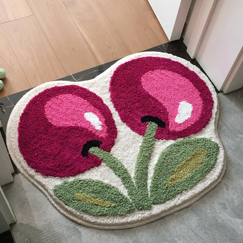 Rynx | Cute cherry bath mat, red fruit bathroom rug, soft plush water-absorbent mat, non-slip toilet mat in multiple sizes, soft thick bathroom rug, art bathroom mats, best bath rugs, tufted art rug for bathroom toilet bathtub