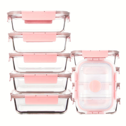 Rynx | 10-Pack Glass Meal Prep Containers Set with Airtight Lids – Durable Food Storage & Glass Lunch Boxes for Home, Kitchen, Office Pink-A