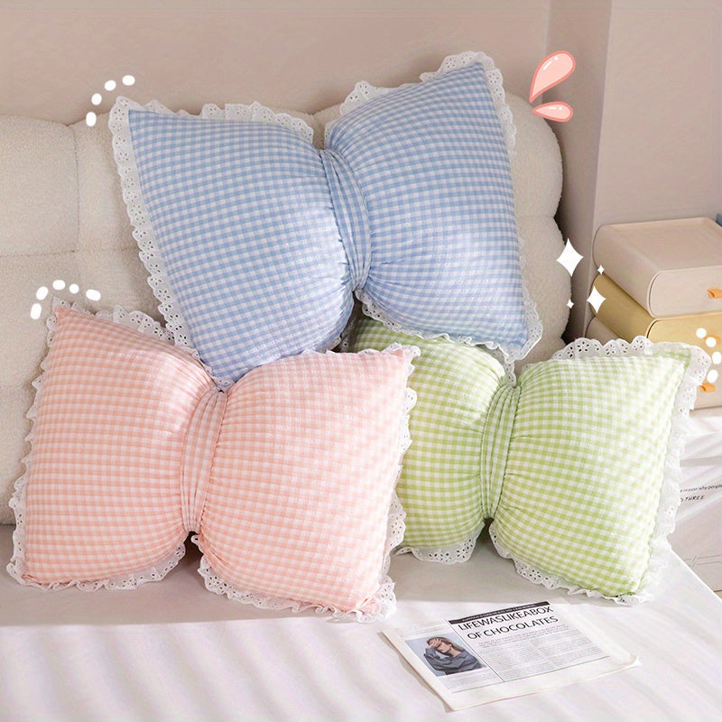 Rynx | Niedliches Schleifen-Karomuster-Wurfkissen - Minimalistischer Stil Dekokissen mit Spitzenborte, 100% Polyester, Maschinenwaschbar für Wohnzimmer, Schlafzimmer & Rücksitz des Autos - Pink, Blau, Grün, Gelb, Gemütliche Wohnakzente | Polye