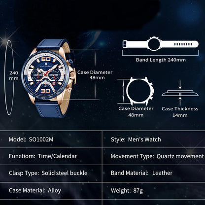 Rynx | Men's stainless steel quartz watch with leather strap
