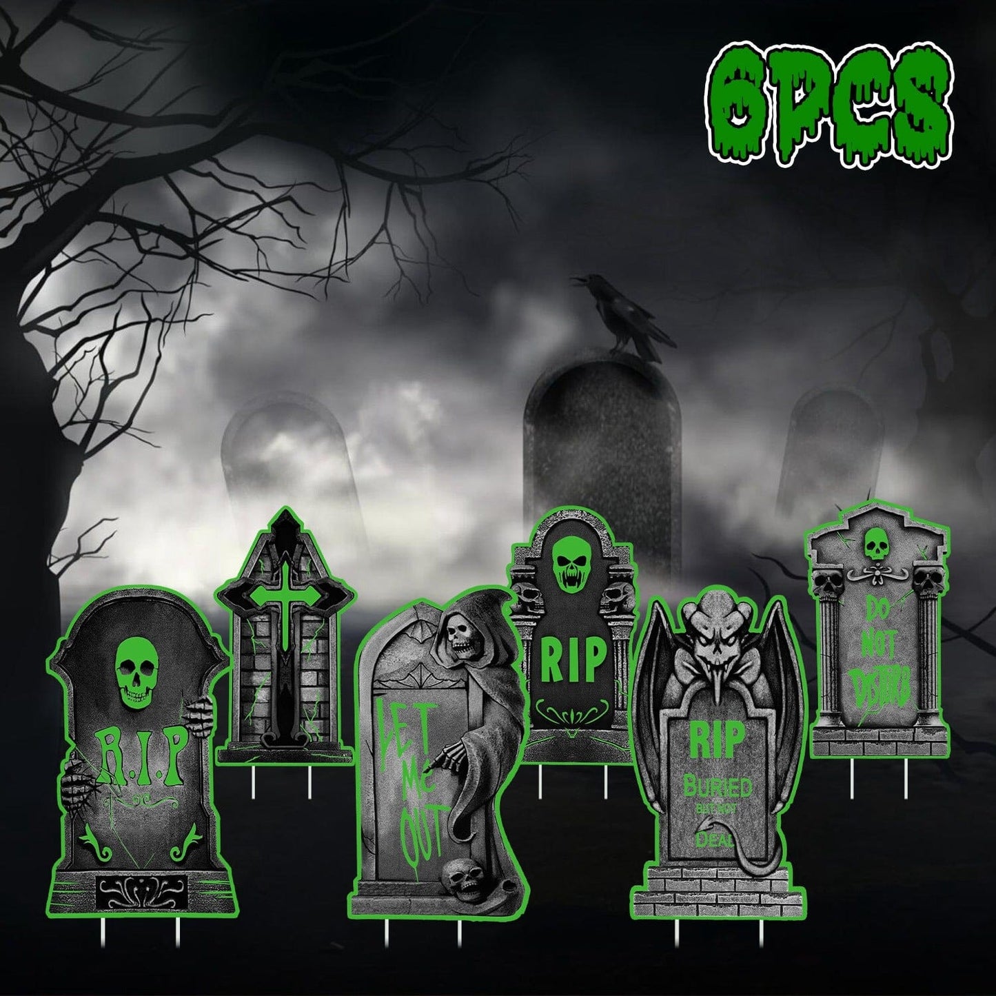 Rynx | 6-Pieces: Luminizing Halloween Garden Sign Decorations with 12 Stakes