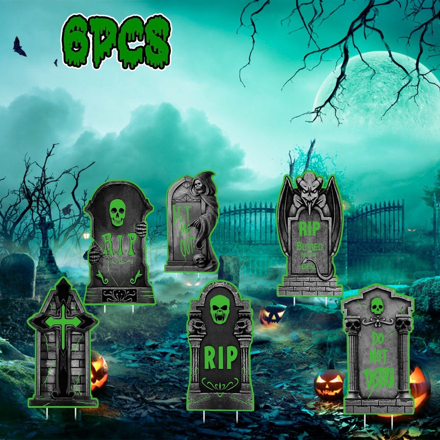Rynx | 6-Pieces: Luminizing Halloween Garden Sign Decorations with 12 Stakes