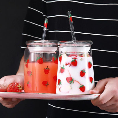 Rynx | Cute Strawberry-Themed Glass Mug with Straw - 600ML Capacity