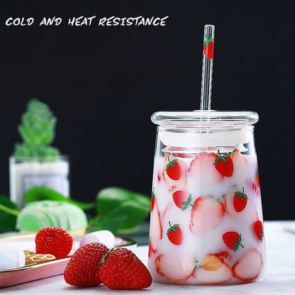 Rynx | Cute Strawberry-Themed Glass Mug with Straw - 600ML Capacity