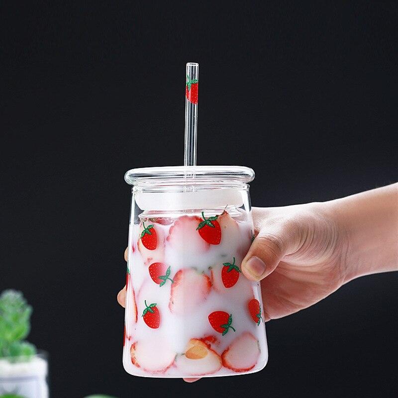 Rynx | Cute Strawberry-Themed Glass Mug with Straw - 600ML Capacity