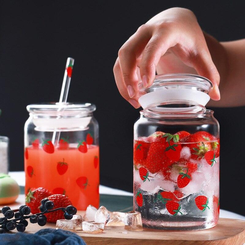 Rynx | Cute Strawberry-Themed Glass Mug with Straw - 600ML Capacity