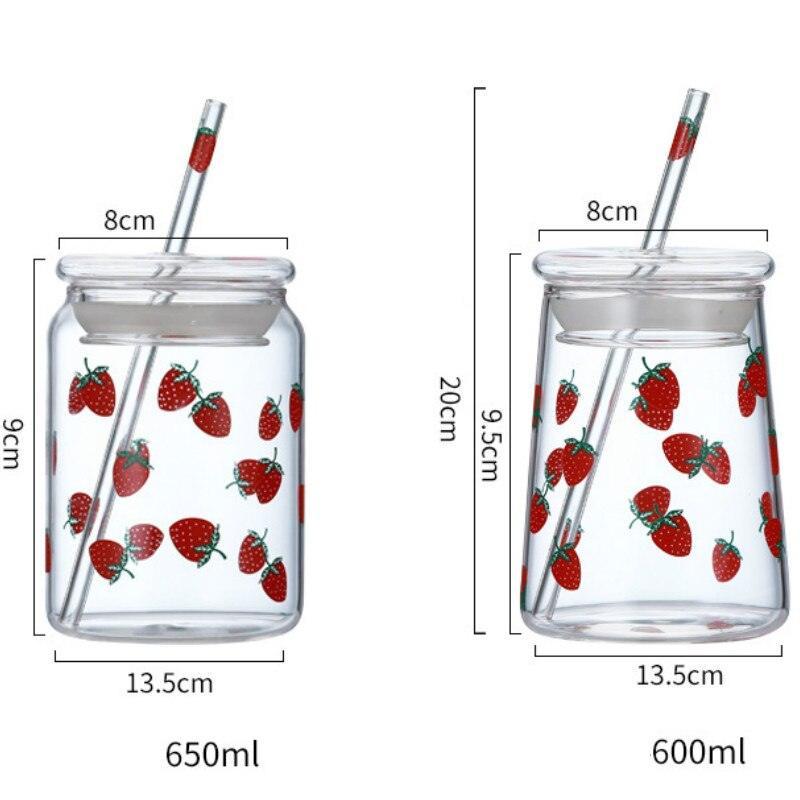 Rynx | Cute Strawberry-Themed Glass Mug with Straw - 600ML Capacity
