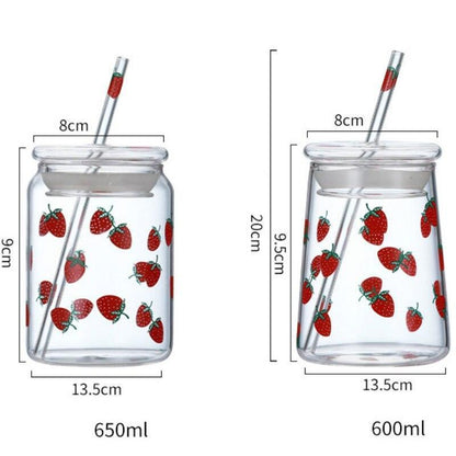Rynx | Cute Strawberry-Themed Glass Mug with Straw - 600ML Capacity