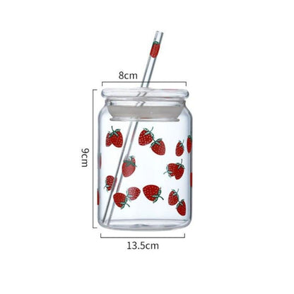 Rynx | Cute Strawberry-Themed Glass Mug with Straw - 600ML Capacity