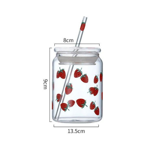 Rynx | Cute Strawberry-Themed Glass Mug with Straw - 600ML Capacity