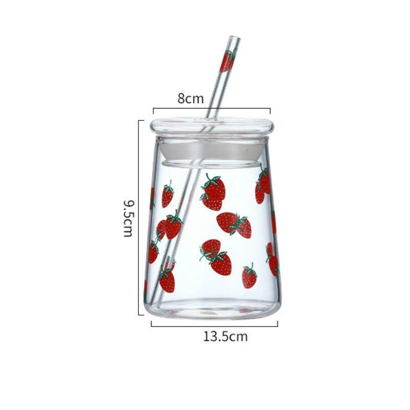 Rynx | Cute Strawberry-Themed Glass Mug with Straw - 600ML Capacity