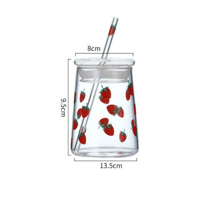 Rynx | Cute Strawberry-Themed Glass Mug with Straw - 600ML Capacity