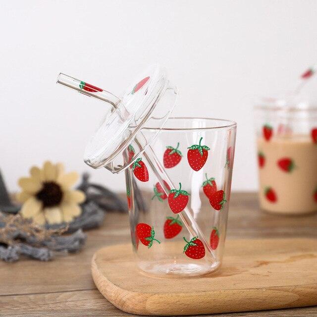 Rynx | Cute Strawberry-Themed Glass Mug with Straw - 600ML Capacity