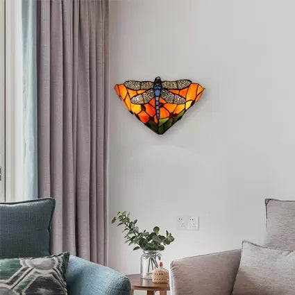 Rynx | Wall lamp Bowl with dragonfly pattern stained glass 2 lights rustic wall mount light