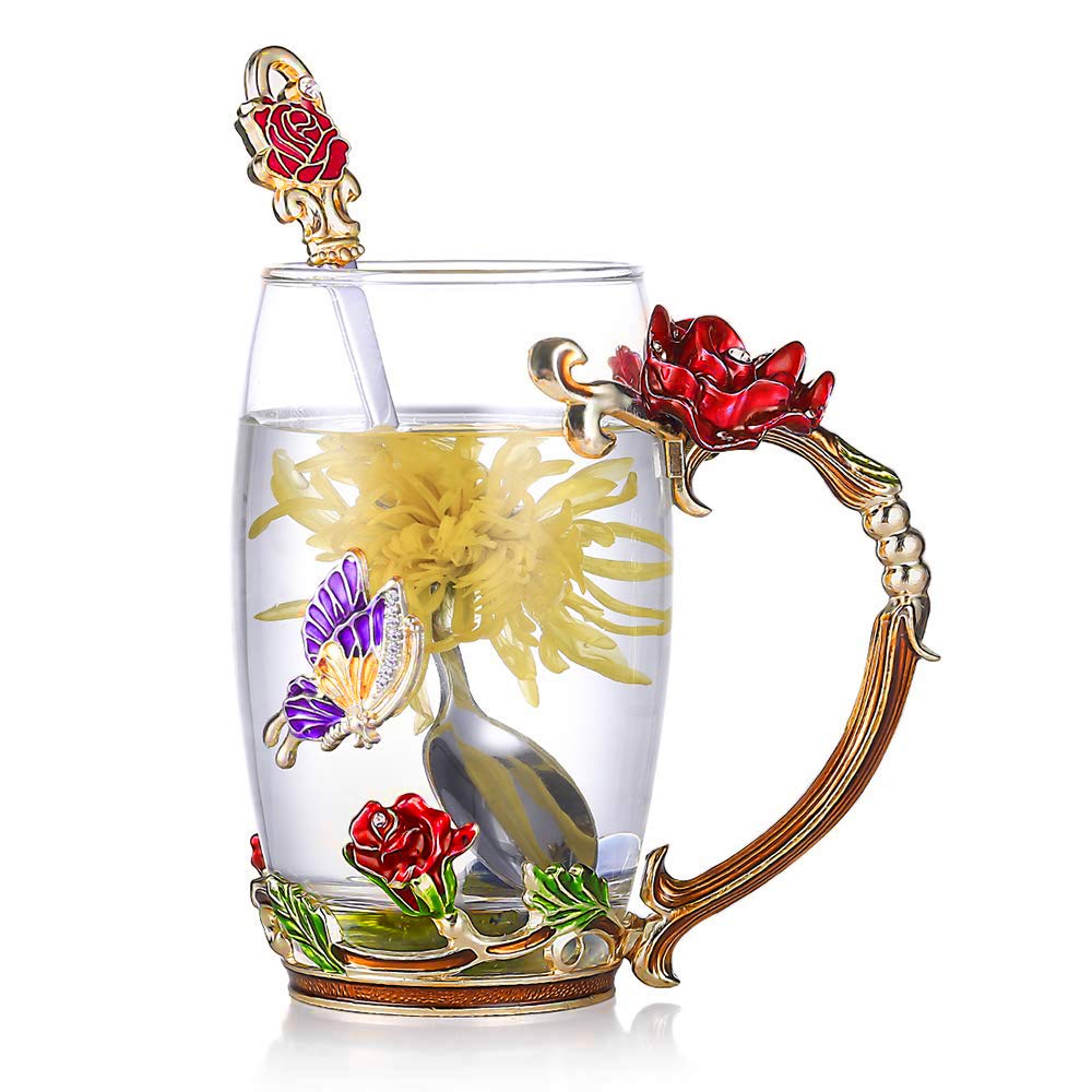 Rynx | Enamel Rose Glass Tea Cup Set (With Spoon)