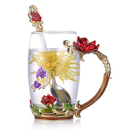 Rynx | Enamel Rose Glass Tea Cup Set (With Spoon)