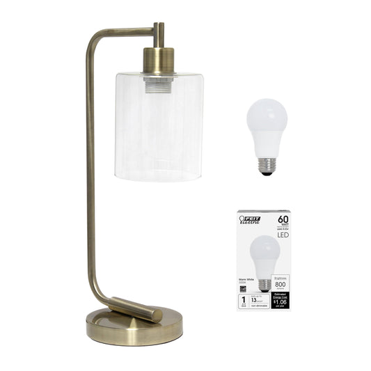 Rynx | Simple Design Ld1036-Abs-Lb 18.8" Industrial Bronson Antique Style Iron Lantern Table Lamp With Glass Shade For Office, Living Room, Bedroom, Antique Brass, With Fat Led Bulb Included