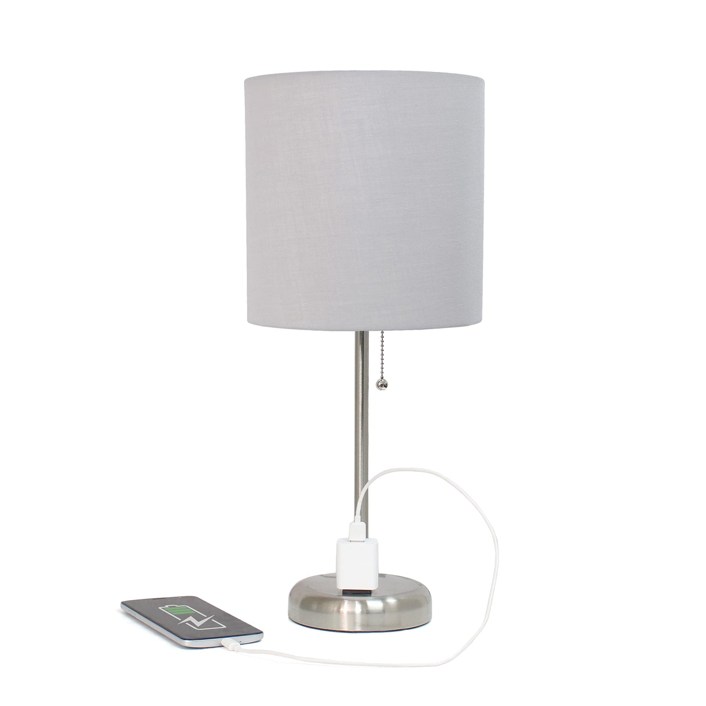 Rynx | Simple Designs Lt1144-Gry Beautiful And Slim Brushed Steel Table Lamp With Charging Port, For Bedroom, Living Room, Hallway, Office, Dining Room, Office, Gray Shade
