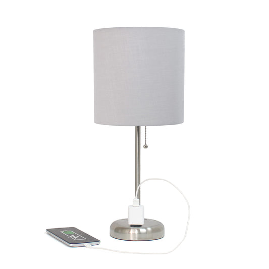 Rynx | Simple Designs Lt1144-Gry Beautiful And Slim Brushed Steel Table Lamp With Charging Port, For Bedroom, Living Room, Hallway, Office, Dining Room, Office, Gray Shade