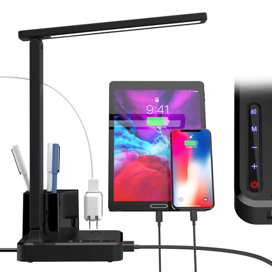 Rynx | Dimmable Led Desk Lamp With Pen Holder/Organizer, Study Led Desk Lamp With Usb Charging Port/Type C Port/Power Outlet/Storage Box/T Touch, Children's Desk Reading Light For Students, Student Housing Essential For College