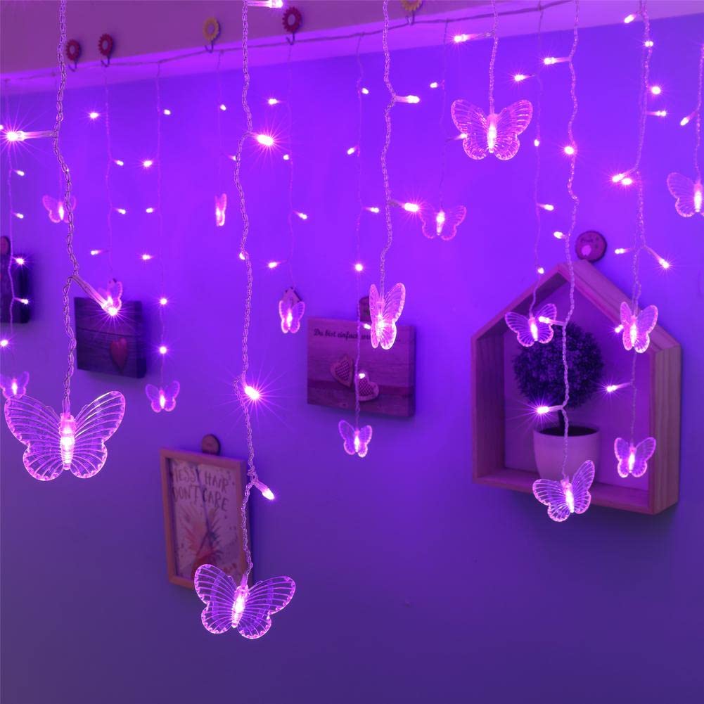 Rynx | Bjyhiyh Usb Led Curtain Light 4.9Ft X 1.6Ft 8 Modes 10 Butterfly Flashing Lights For Bedroom Garden Wedding Christmas Decoration (Purple)