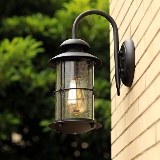 Rynx | Seeded Glass Black Wall Light Cylinder 1-Light Traditional Light Source with Cage
