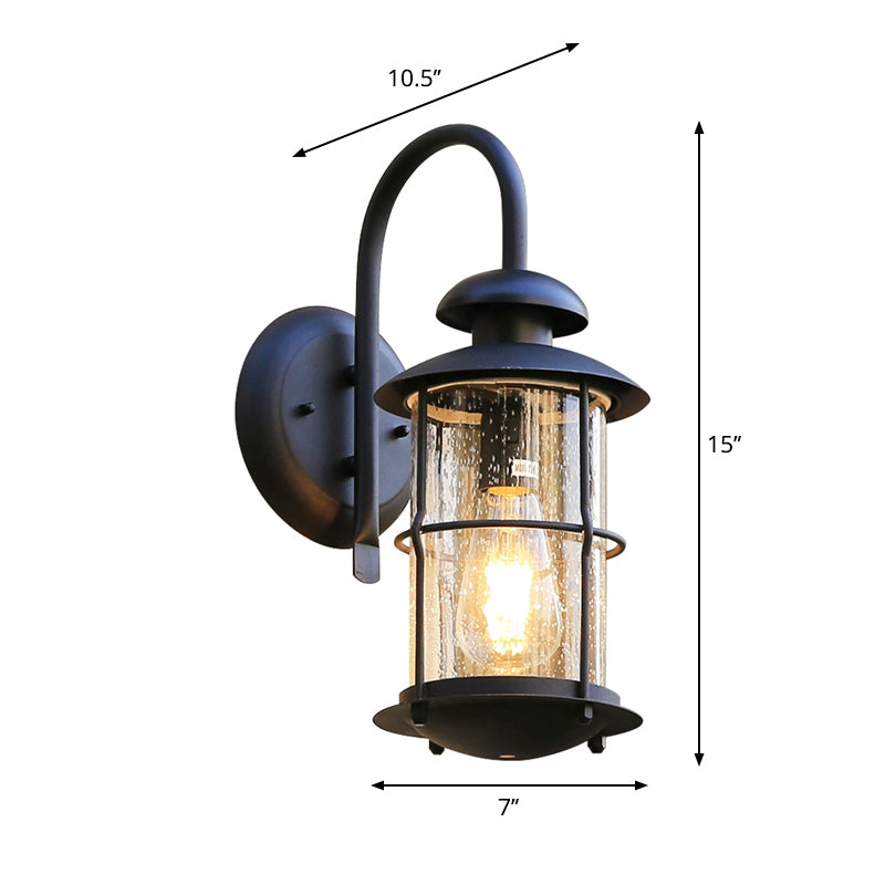 Rynx | Seeded Glass Black Wall Light Cylinder 1-Light Traditional Light Source with Cage