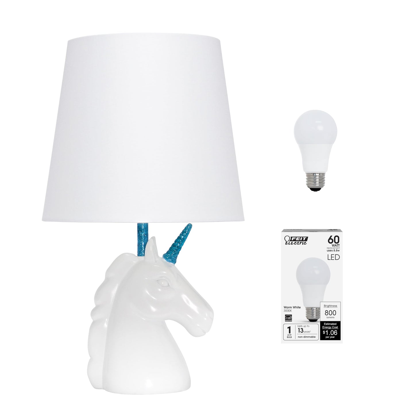 Rynx | Simple Designs Lt1078-Blu-Lb 15.5" Sparkling Glitter Unicorn Table Lamp For Children's Room, Children's Room, Living Room, Bedroom, Playroom, Entrance, White With Blue Glitter, With Fat LED Light Bulb Included
