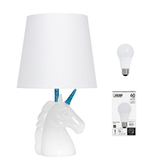 Rynx | Simple Designs Lt1078-Blu-Lb 15.5" Sparkling Glitter Unicorn Table Lamp For Children's Room, Children's Room, Living Room, Bedroom, Playroom, Entrance, White With Blue Glitter, With Fat LED Light Bulb Included