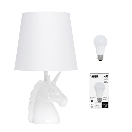 Rynx | Simple Designs Lt1078-Ird-Lb 15.5" Sparkling Glitter Unicorn Table Lamp For Kids Room, Children's Room, Living Room, Bedroom, Playroom, Entrance, White With Iridescent Glitter, With Fat Led Bulb Included
