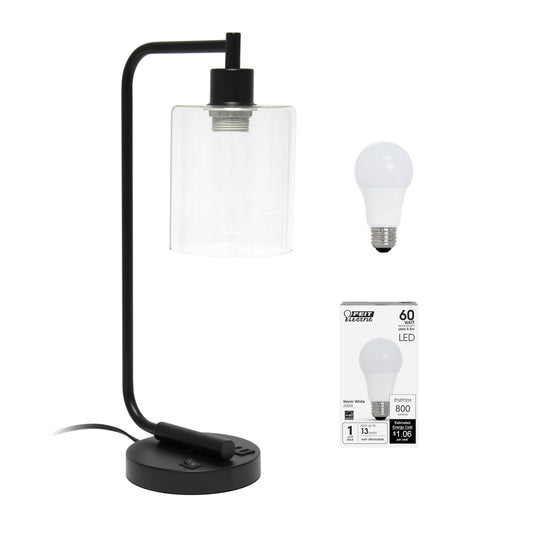 Rynx | Simple design Ld1066-Blk-Lb Industrial Vintage Bronson Iron Lantern Desk Lamp With Usb Port And Glass Cylinder Shade For Office, Living Room, Bedroom, Black, With Fat Led Bulb Included