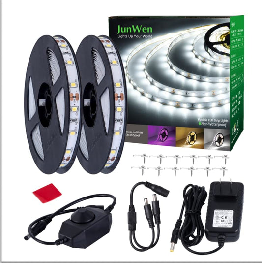 Rynx | Junwen 40Ft White Led Strip Light, Flexible Smd2835 Led Tape Light 12V Dimmable Strip Lighting Plugged In Indoor Led Tape Light Cuttable Led Strip Light For Bedroom Christmas Kitchen Cabinet Mirror