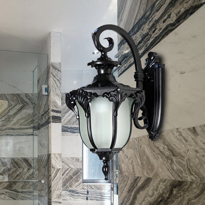 Rynx | Acorn Outdoor Wall Lamp Fixture Lodges White Glass 1 Light Black/Brass Finish Wall Lamp with Swirl Arm