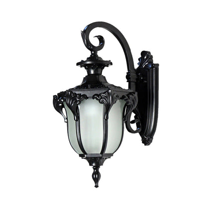 Rynx | Acorn Outdoor Wall Lamp Fixture Lodges White Glass 1 Light Black/Brass Finish Wall Lamp with Swirl Arm