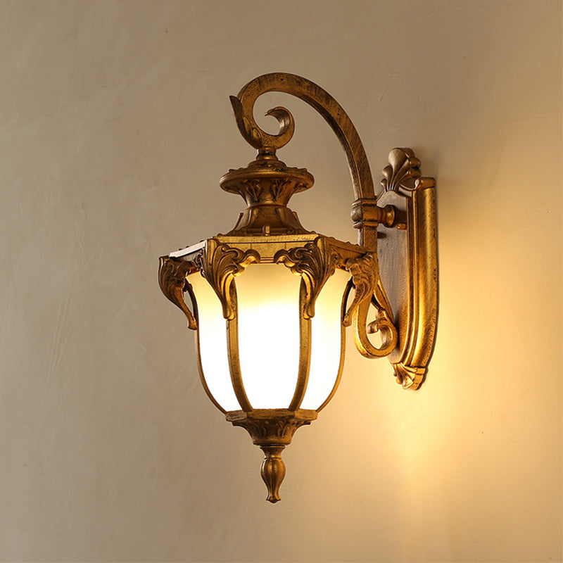 Rynx | Acorn Outdoor Wall Lamp Fixture Lodges White Glass 1 Light Black/Brass Finish Wall Lamp with Swirl Arm