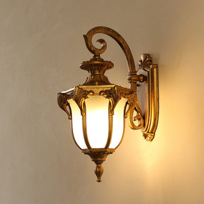 Rynx | Acorn Outdoor Wall Lamp Fixture Lodges White Glass 1 Light Black/Brass Finish Wall Lamp with Swirl Arm