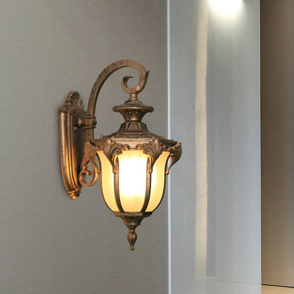 Rynx | Acorn Outdoor Wall Lamp Fixture Lodges White Glass 1 Light Black/Brass Finish Wall Lamp with Swirl Arm
