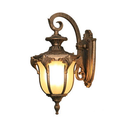 Rynx | Acorn Outdoor Wall Lamp Fixture Lodges White Glass 1 Light Black/Brass Finish Wall Lamp with Swirl Arm