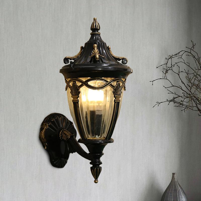Rynx | 1 Light Bulb Urn Wall Sconce Light Loft Brass/Black Metal Wall Lamp Fixture with Clear Ribbed Glass Shade