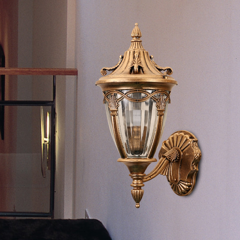 Rynx | 1 Light Bulb Urn Wall Sconce Light Loft Brass/Black Metal Wall Lamp Fixture with Clear Ribbed Glass Shade