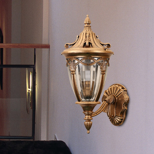 Rynx | 1 Light Bulb Urn Wall Sconce Light Loft Brass/Black Metal Wall Lamp Fixture with Clear Ribbed Glass Shade