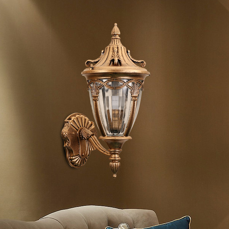 Rynx | 1 Light Bulb Urn Wall Sconce Light Loft Brass/Black Metal Wall Lamp Fixture with Clear Ribbed Glass Shade