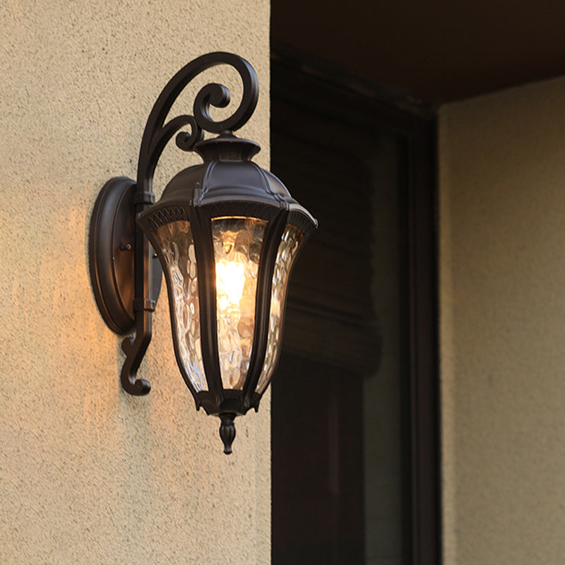 Rynx | 1-Light Water Glass Wall Lighting Rustic Black Urn Outdoor Corner Wall Mount Lamp Fixture